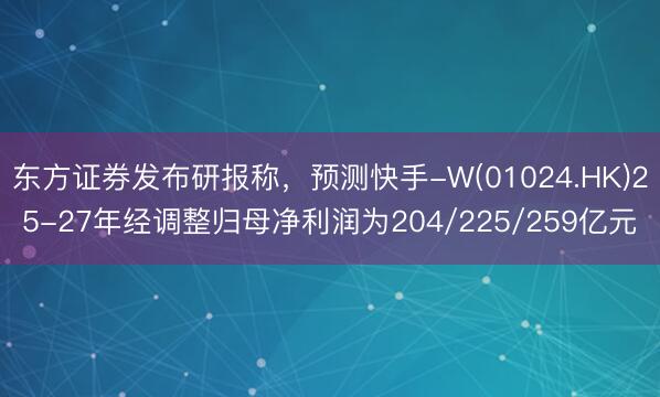 东方证券发布研报称，预测快手-W(01024.HK)25-27年经调整归母净利润为204/225/259亿元